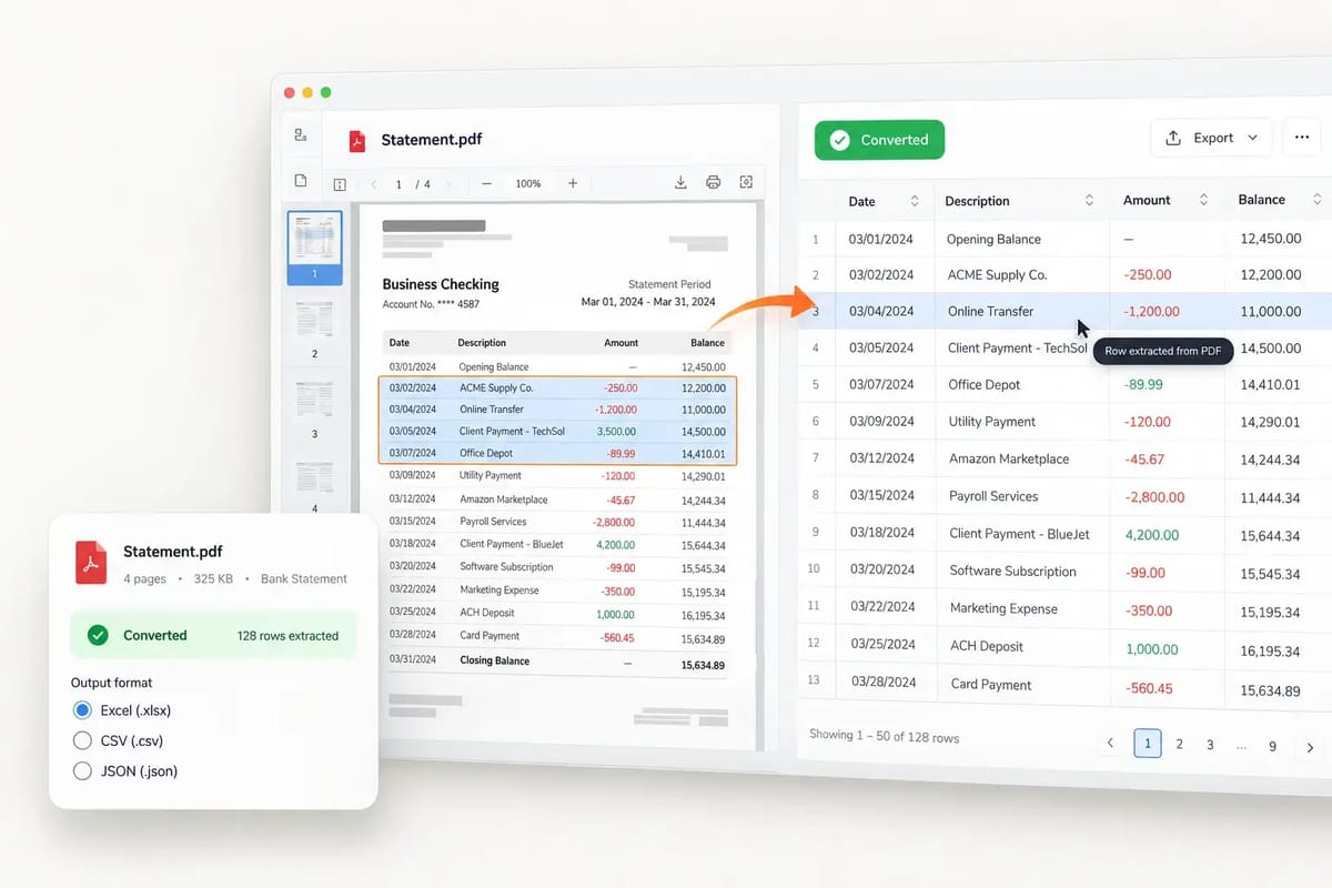 PDF to Excel, CSV & JSON