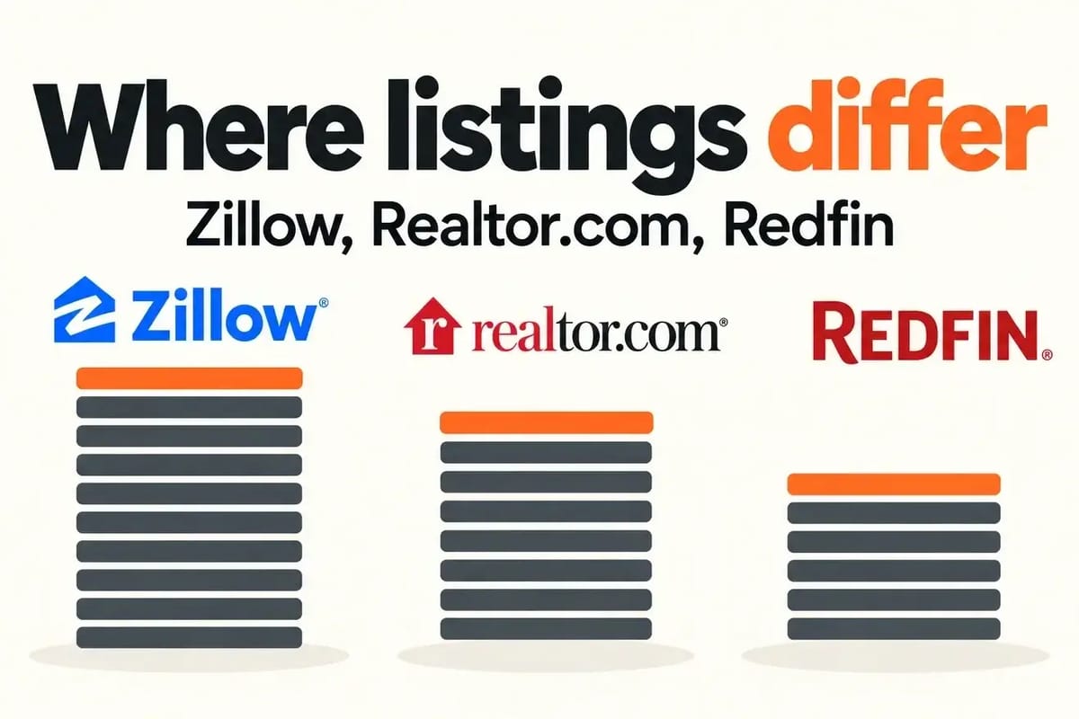 Overlay text reads "Where listings differ" and "Zillow, Realtor.com, Redfin," with the three brand logos above three stacks of different heights. The stack heights are decoration, not a ranking.