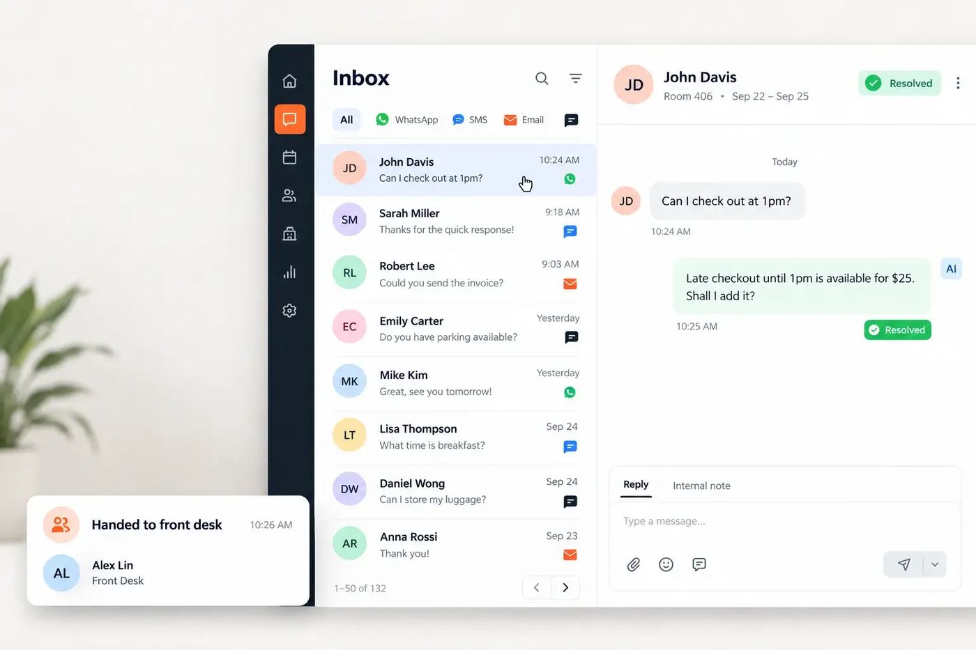 AI guest messaging agent answering a hotel guest on WhatsApp and handing off to front desk staff