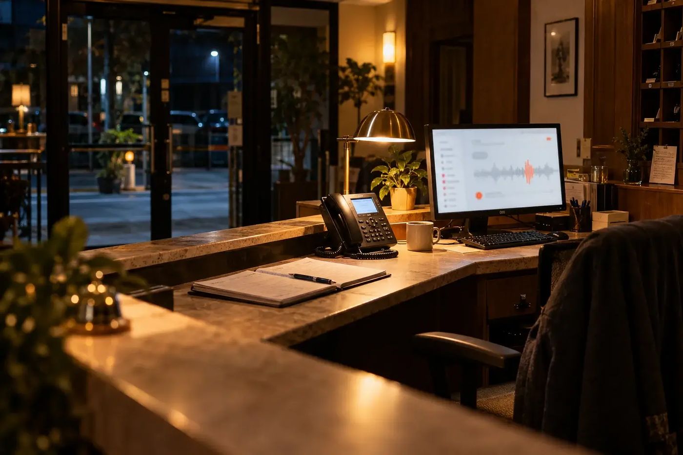 Hotel voice AI agent answering a reservation call at night while the front desk is busy