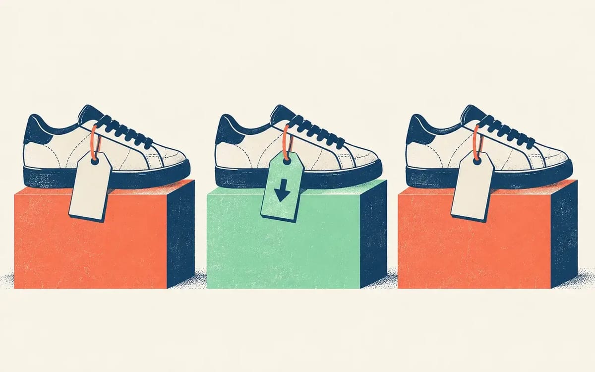The same sneaker from three online stores with price tags, the best price highlighted