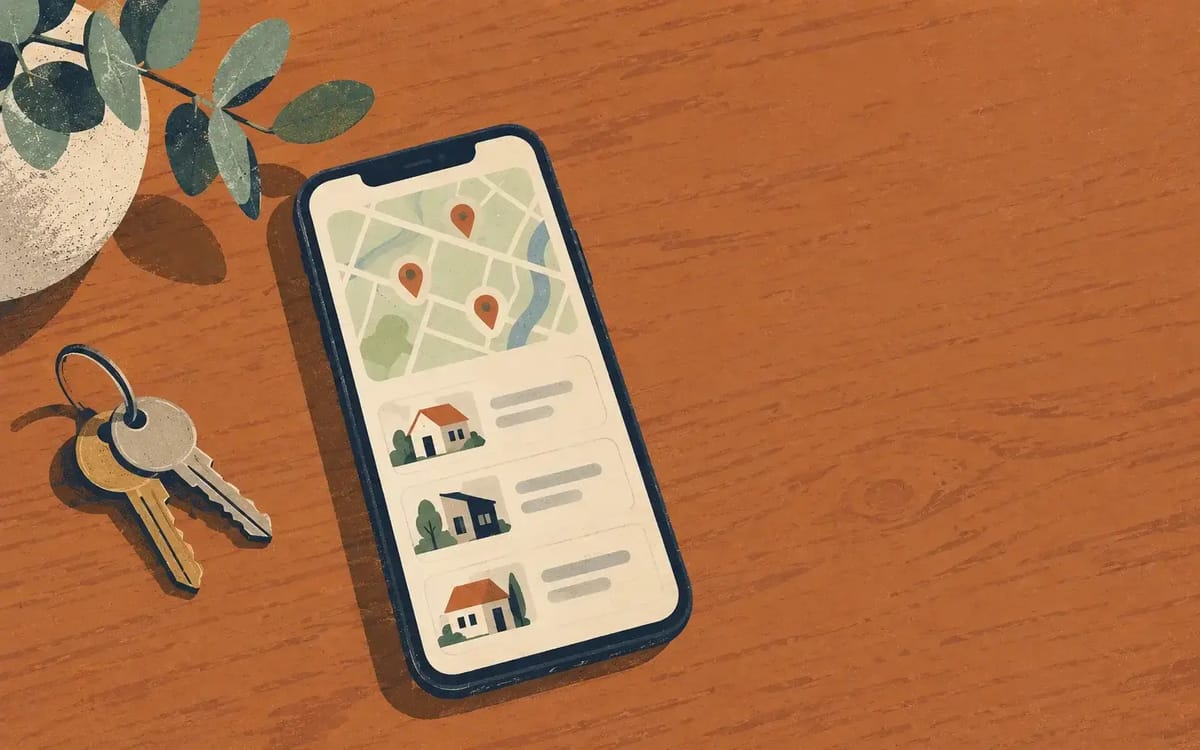 Phone with a property listings app showing a map and home cards, next to house keys
