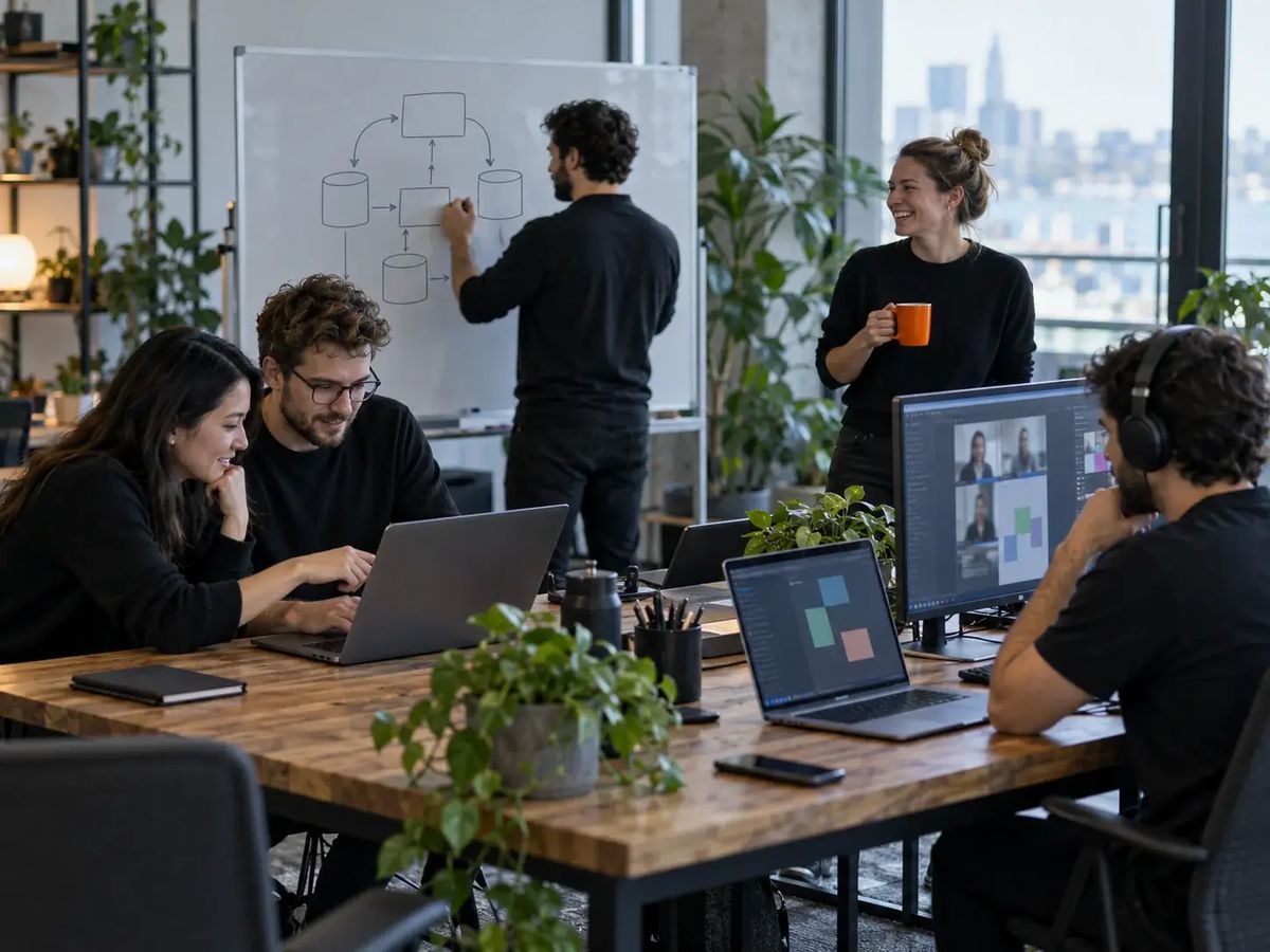 The BigiByte team working together around a table: pair programming, whiteboarding a data pipeline and on a client call