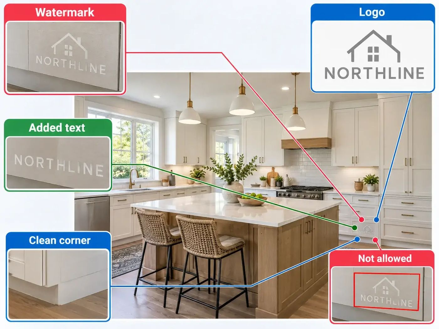 Kitchen photo with a watermark called out in close-up cards