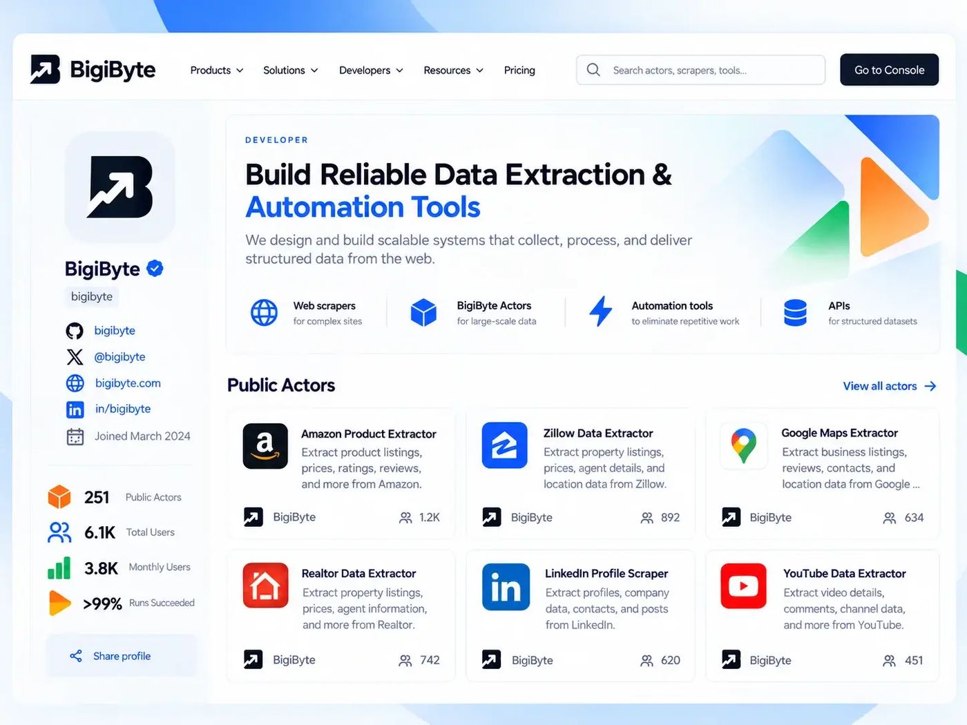 Developer dashboard for the public scrapers we publish on Apify