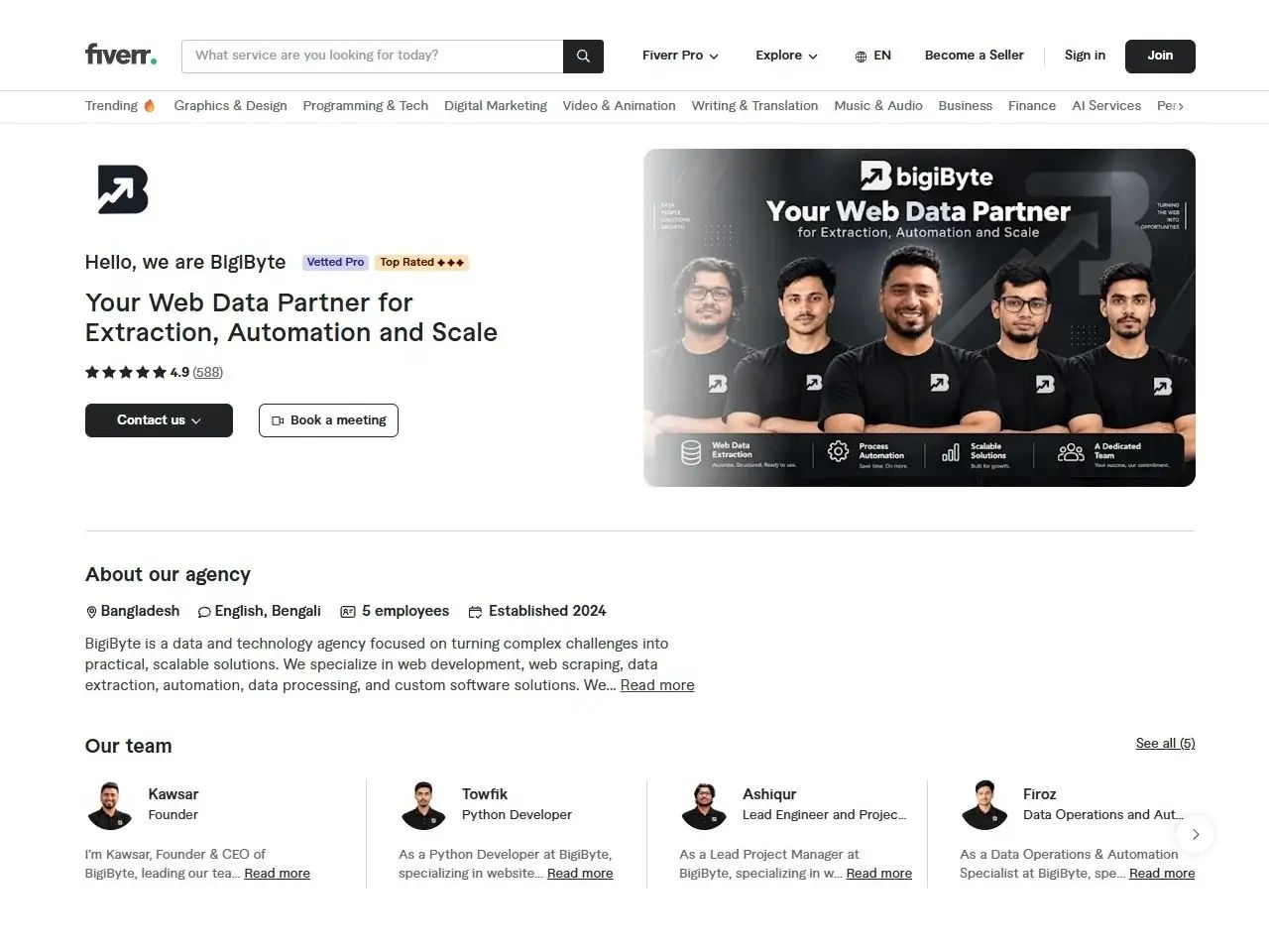 BigiByte Fiverr agency profile with reviews and services