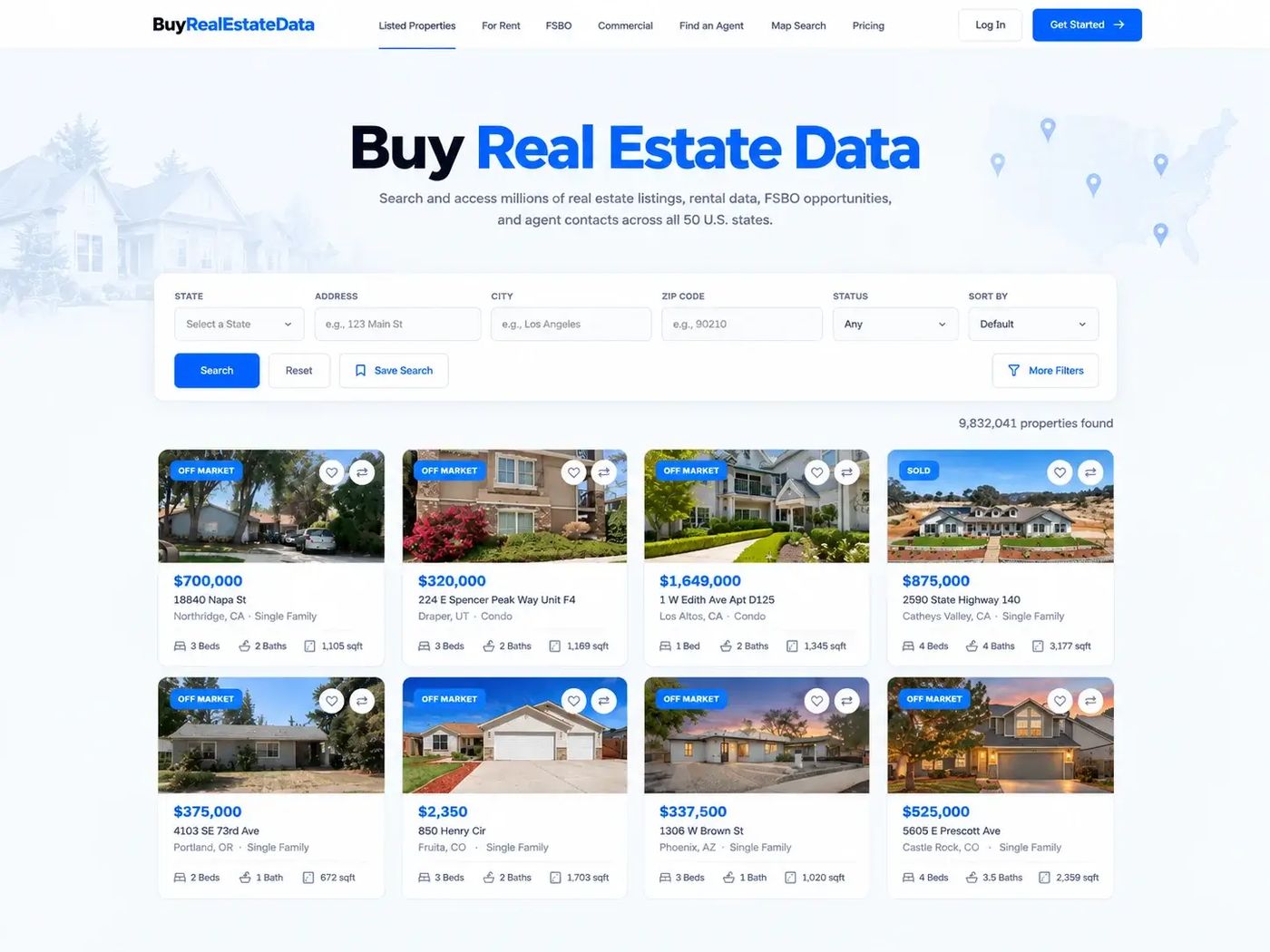 BuyRealEstateData listings page showing 9,832,041 properties, filters, and home cards