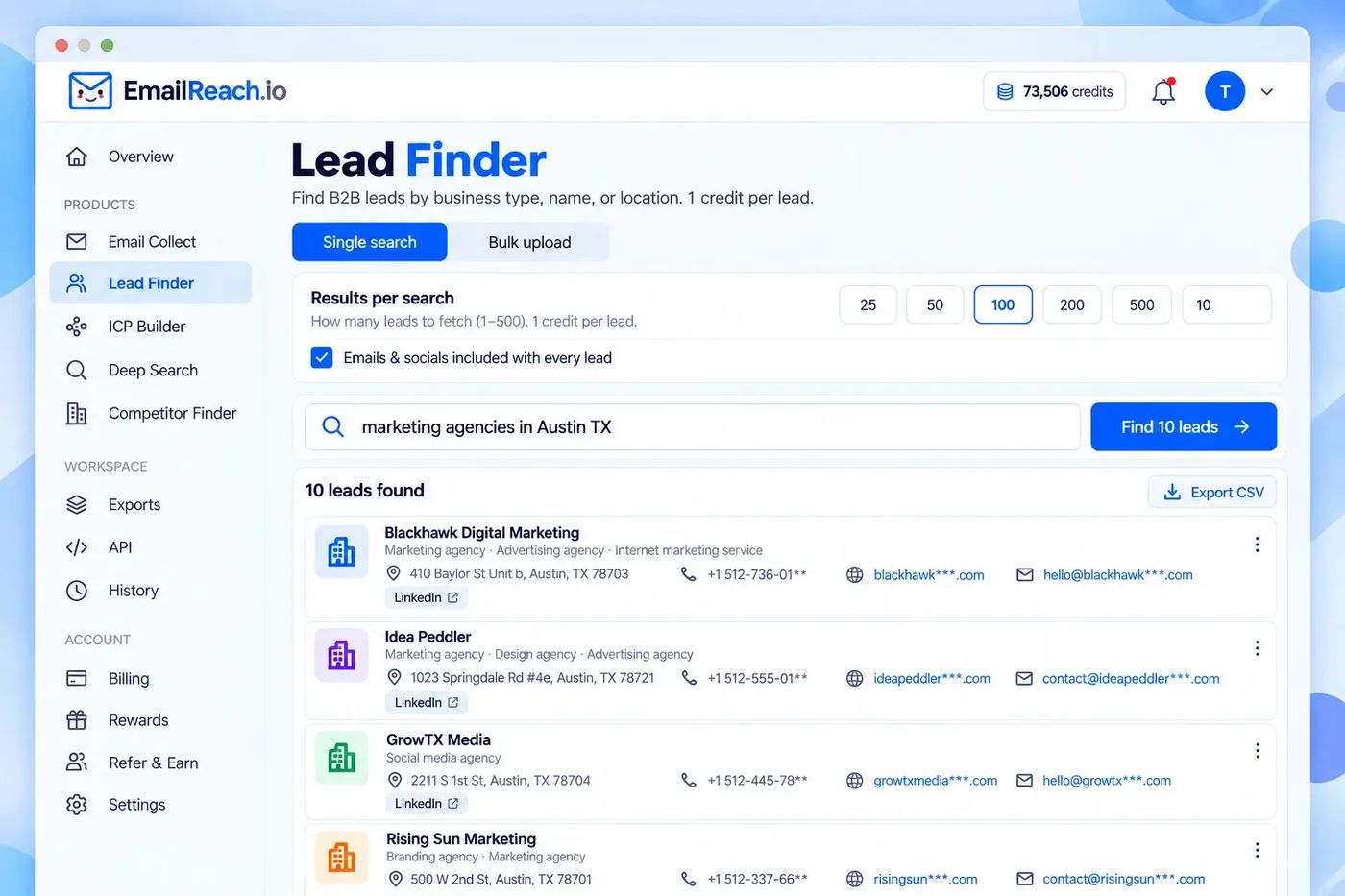 EmailReach lead finder dashboard for targeted business search