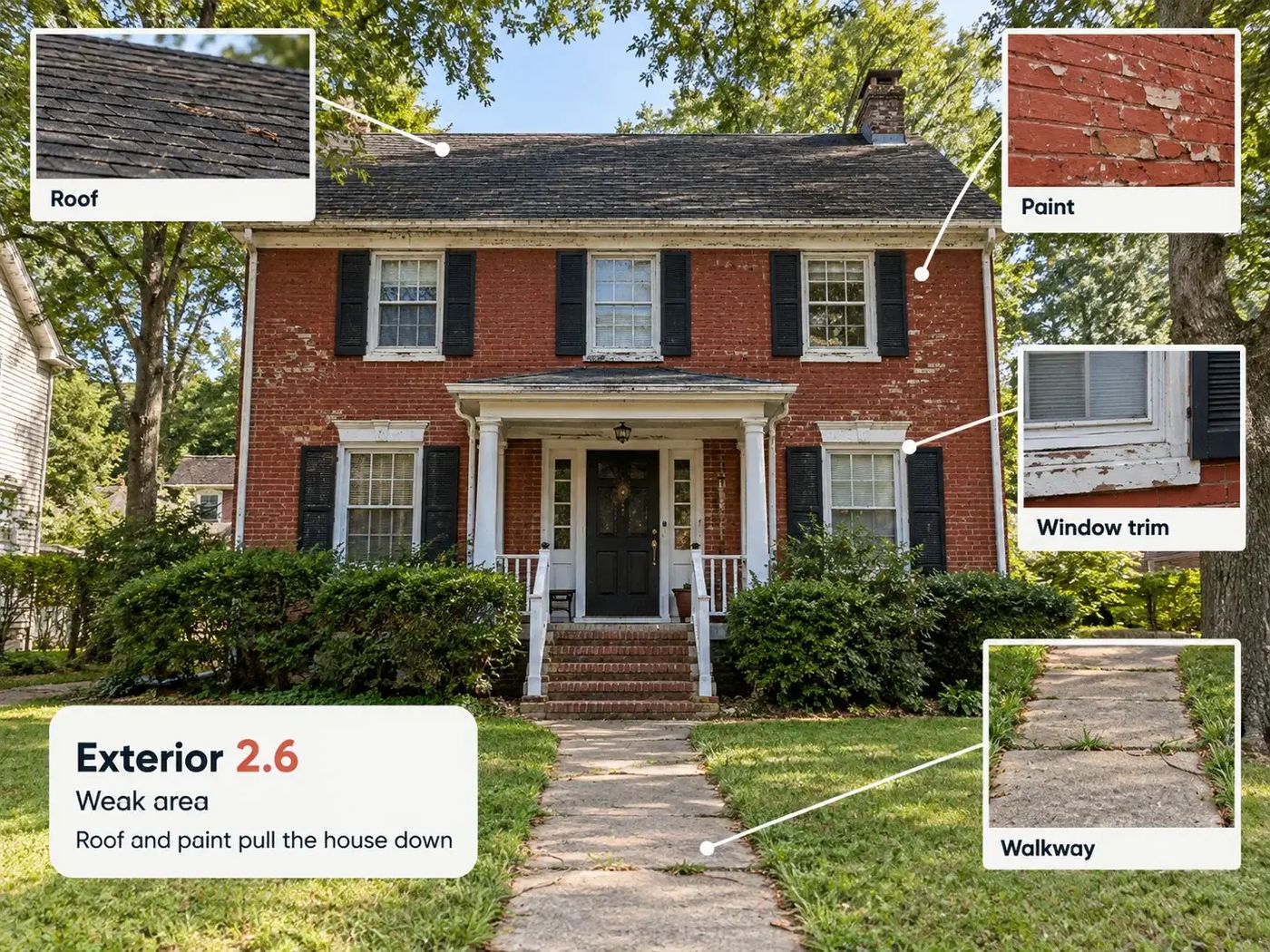 Front of a house with inspection labels for roof, paint, windows, trim, and the walkway