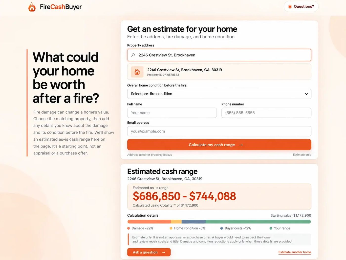 FireCashBuyer estimate for a Brookhaven house, with damage, condition, and an as-is cash range