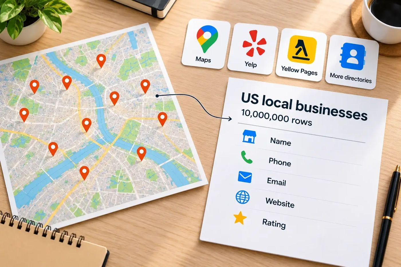 A desk map with pins beside a sheet titled US local businesses, 10,000,000 rows, listing name, phone, email, website, and rating