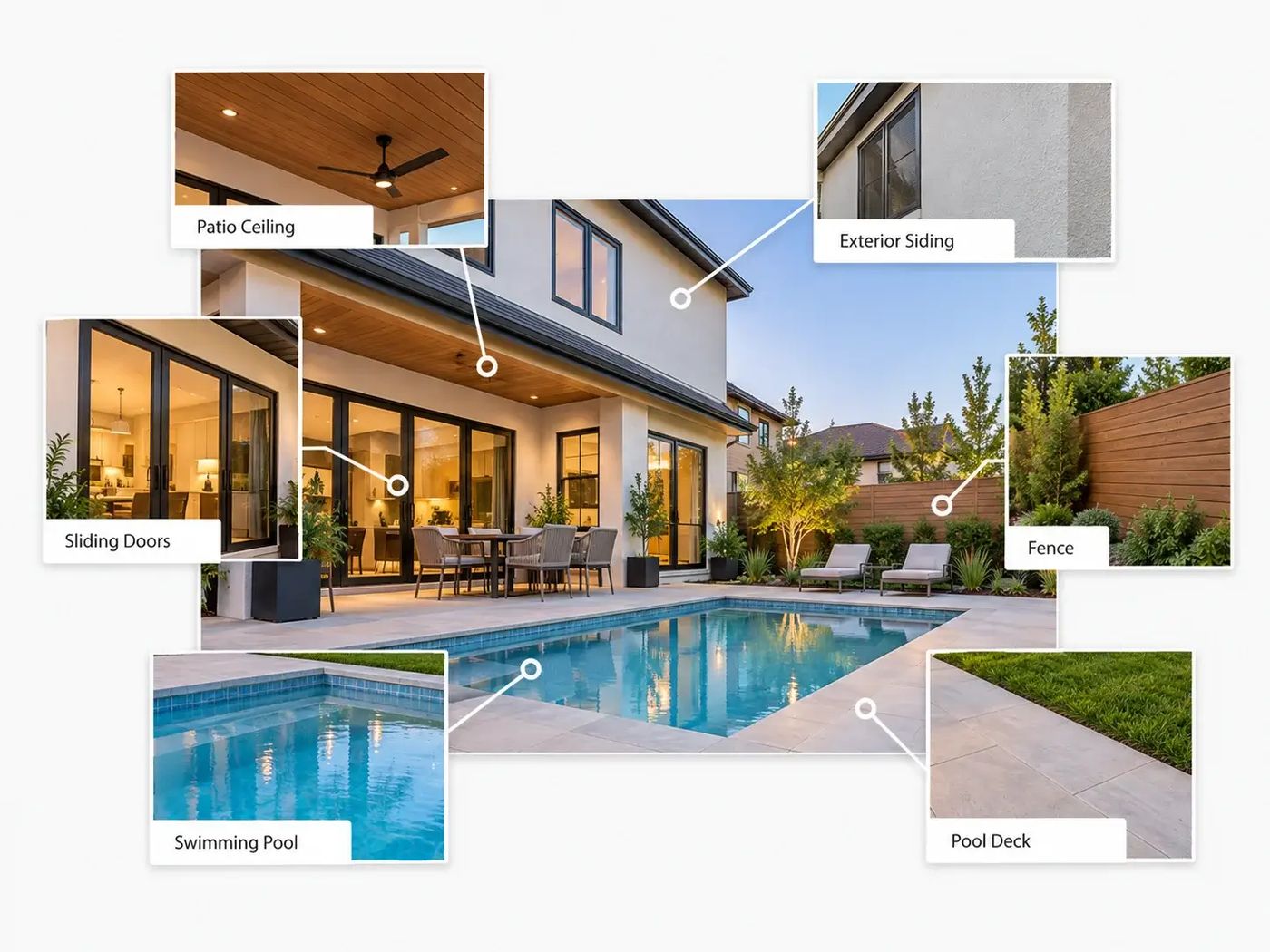 Backyard photo tagged with a swimming pool, pool deck, sliding doors, patio ceiling, exterior siding, and a fence
