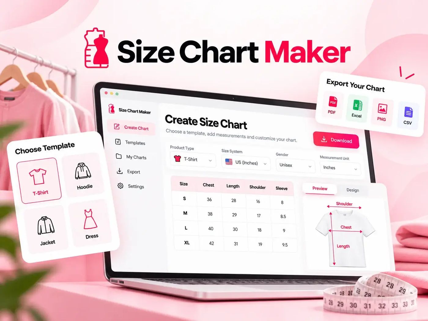 Size Chart Maker dashboard with a t-shirt measurement table and export options