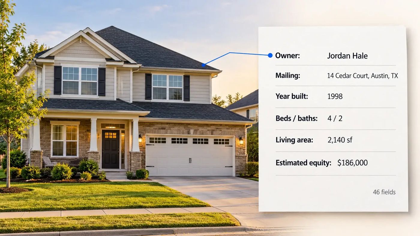 Suburban house beside an owner report for Jordan Hale, with mailing address, year built, beds, living area, and estimated equity