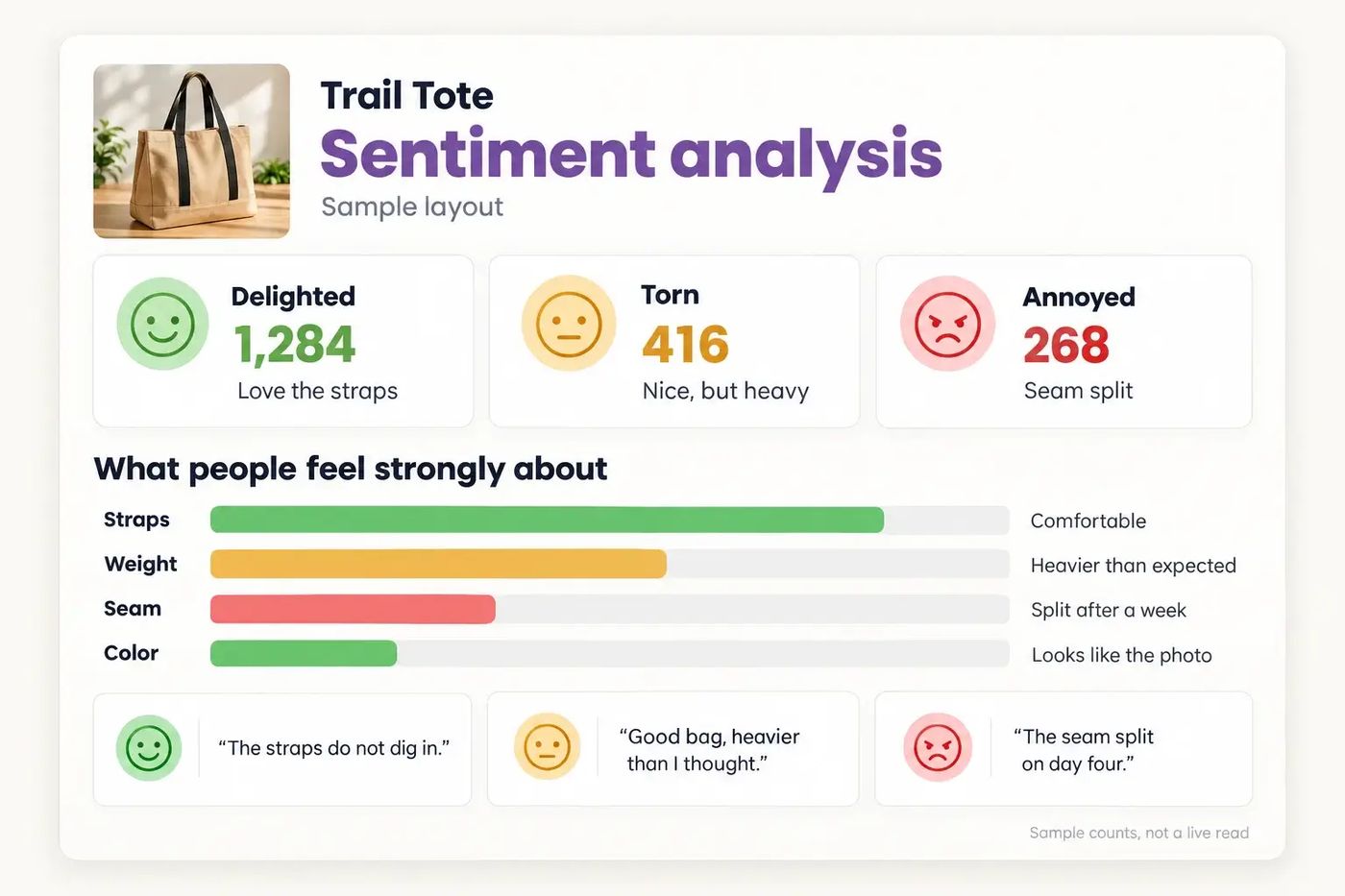 A sample dashboard for a tote bag, with delighted, torn, and annoyed reviews and the topics people mention