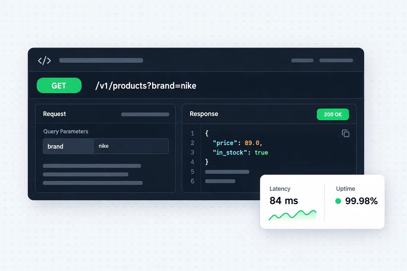 REST API endpoint returning product data as JSON with latency and uptime stats