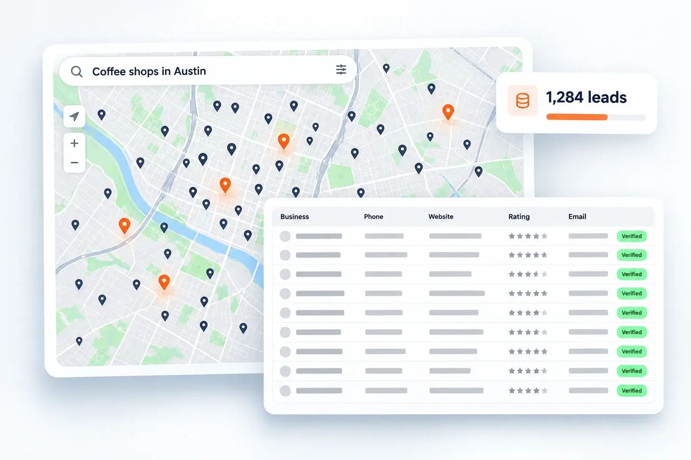 Google Maps business leads pinned on a map and exported to a spreadsheet with verified emails