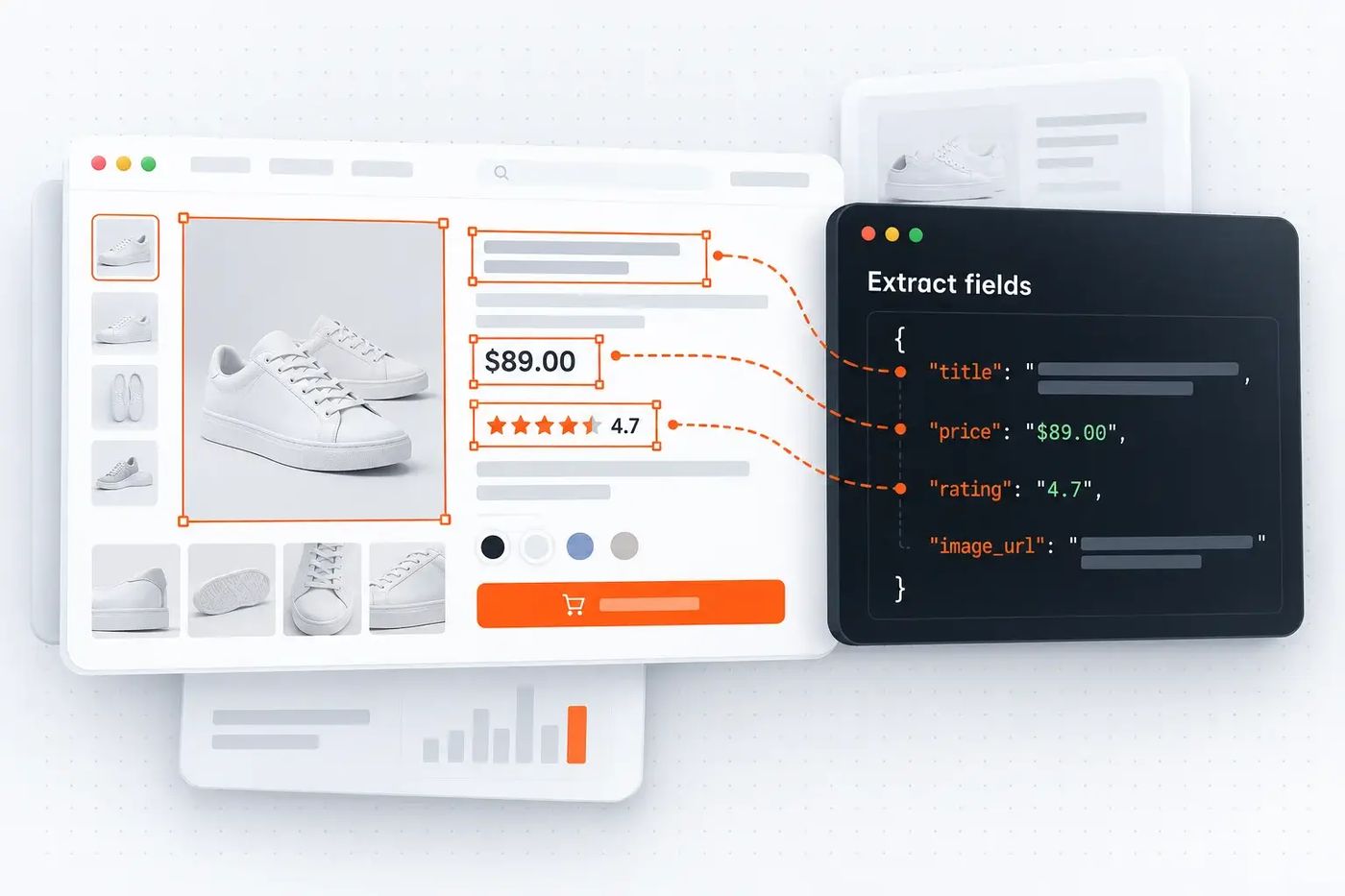 E-commerce product page with fields highlighted and extracted into clean JSON