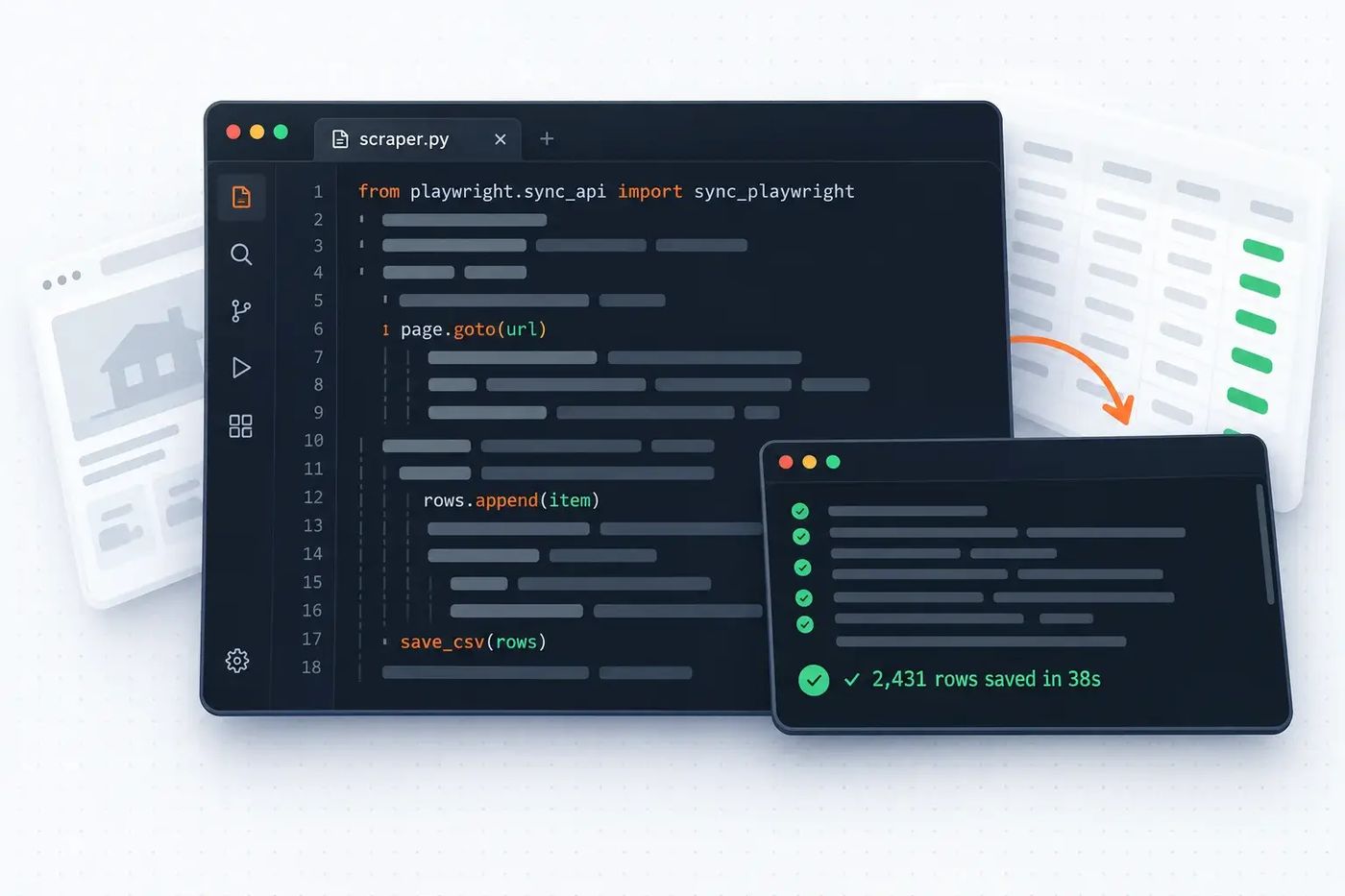 Python Playwright scraper in a code editor with a terminal showing 2,431 rows saved