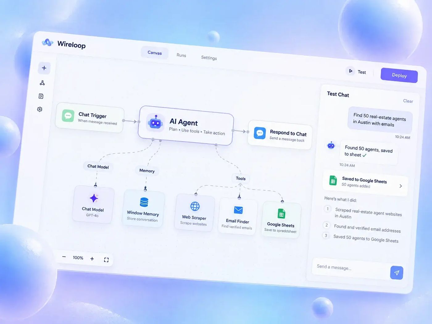 AI agent workflow canvas with chat trigger, memory, web scraper, email finder, and Google Sheets tools, plus a test chat panel.