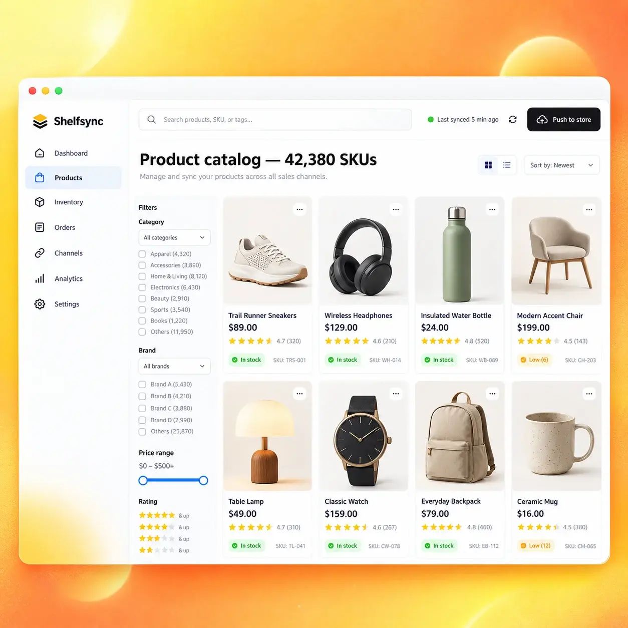 Product catalog of 42,380 SKUs with category filters, product cards, stock status, and a push-to-store sync button.