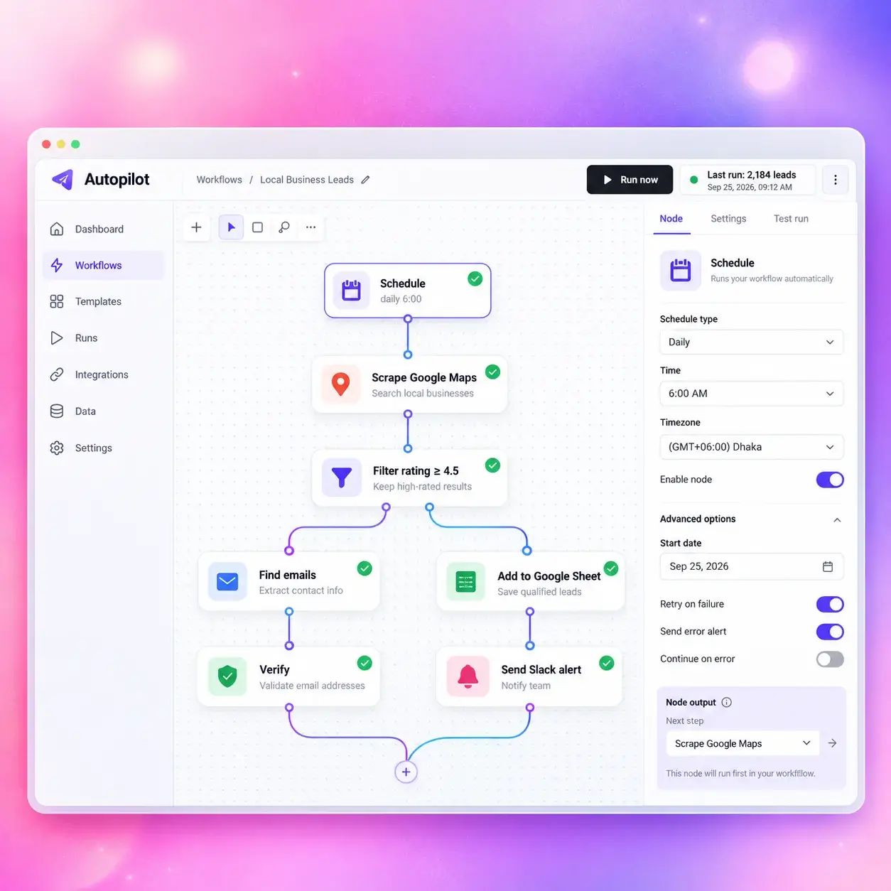 Workflow builder scraping Google Maps businesses, filtering by rating, finding emails, and sending leads to Sheets and Slack.