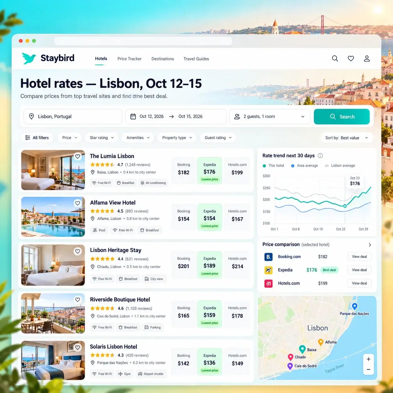 Hotel rate comparison for Lisbon showing prices across booking sites, a 30-day rate trend chart, and a hotel map.
