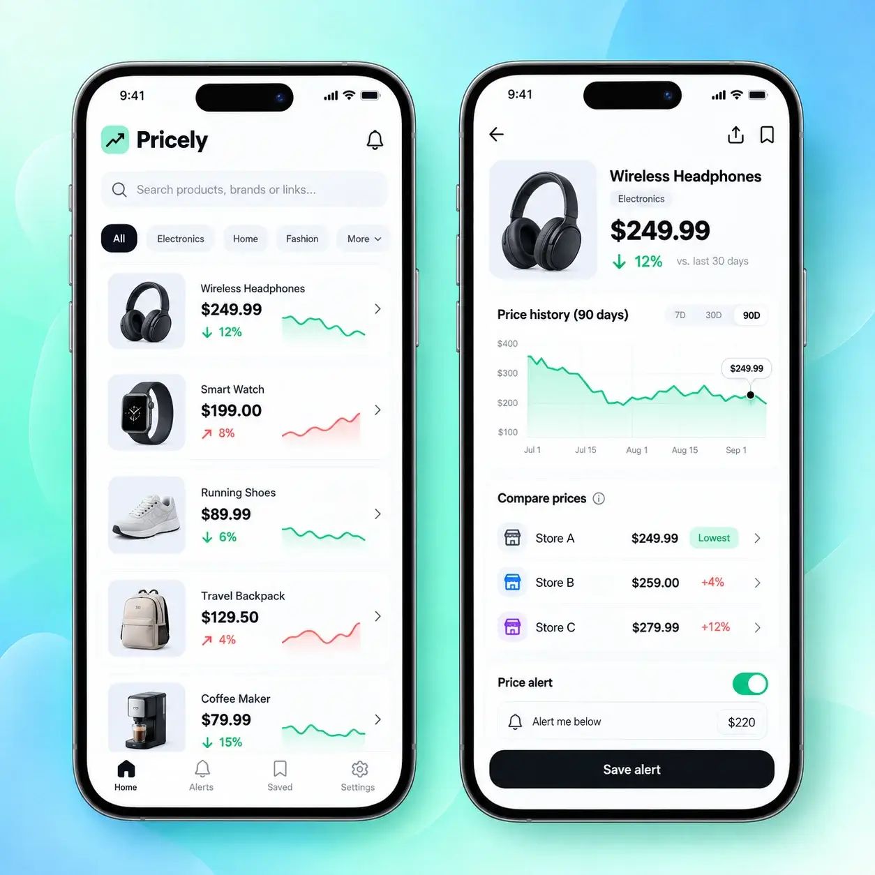 Mobile app screens tracking product prices, with a 90-day price history chart, store comparison, and price alerts.