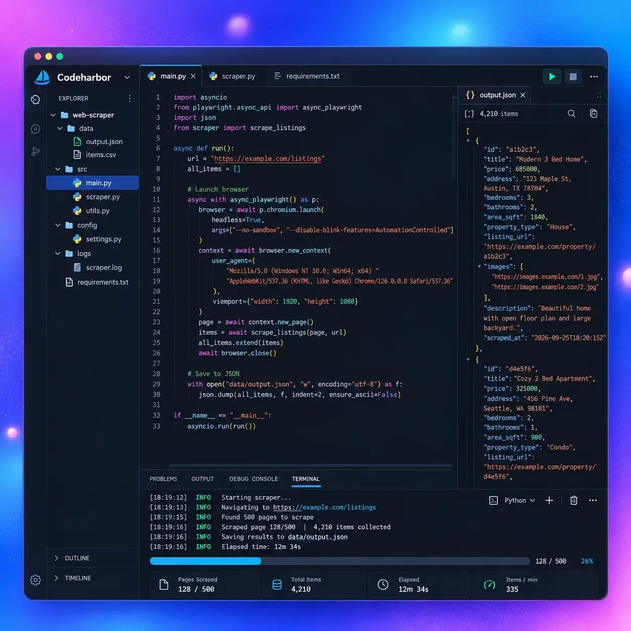 Code editor showing a Python Playwright web scraper, JSON output of listings, and a terminal with live scraping progress.