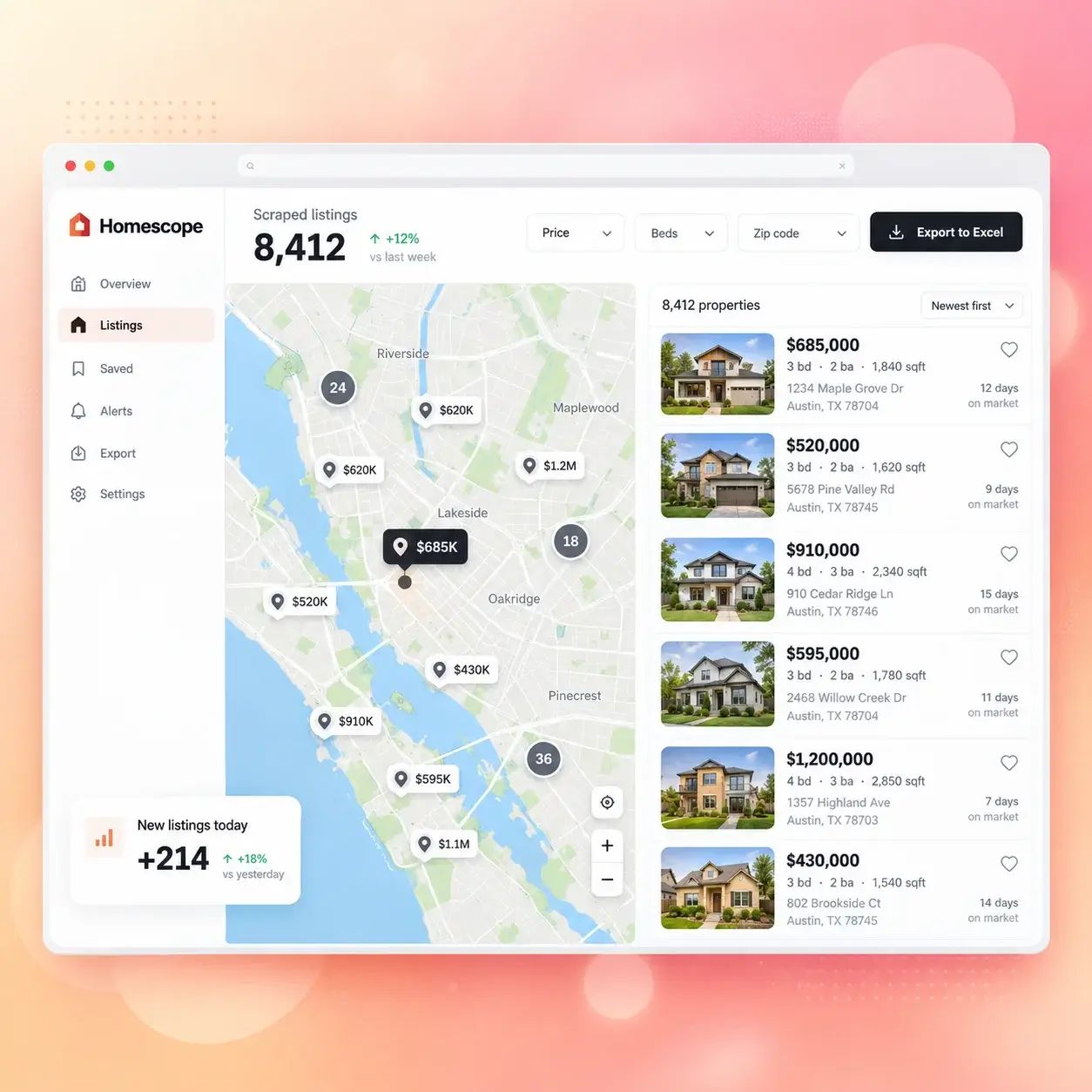 Real estate dashboard with scraped Austin home listings on an interactive map, property cards, and Excel export.