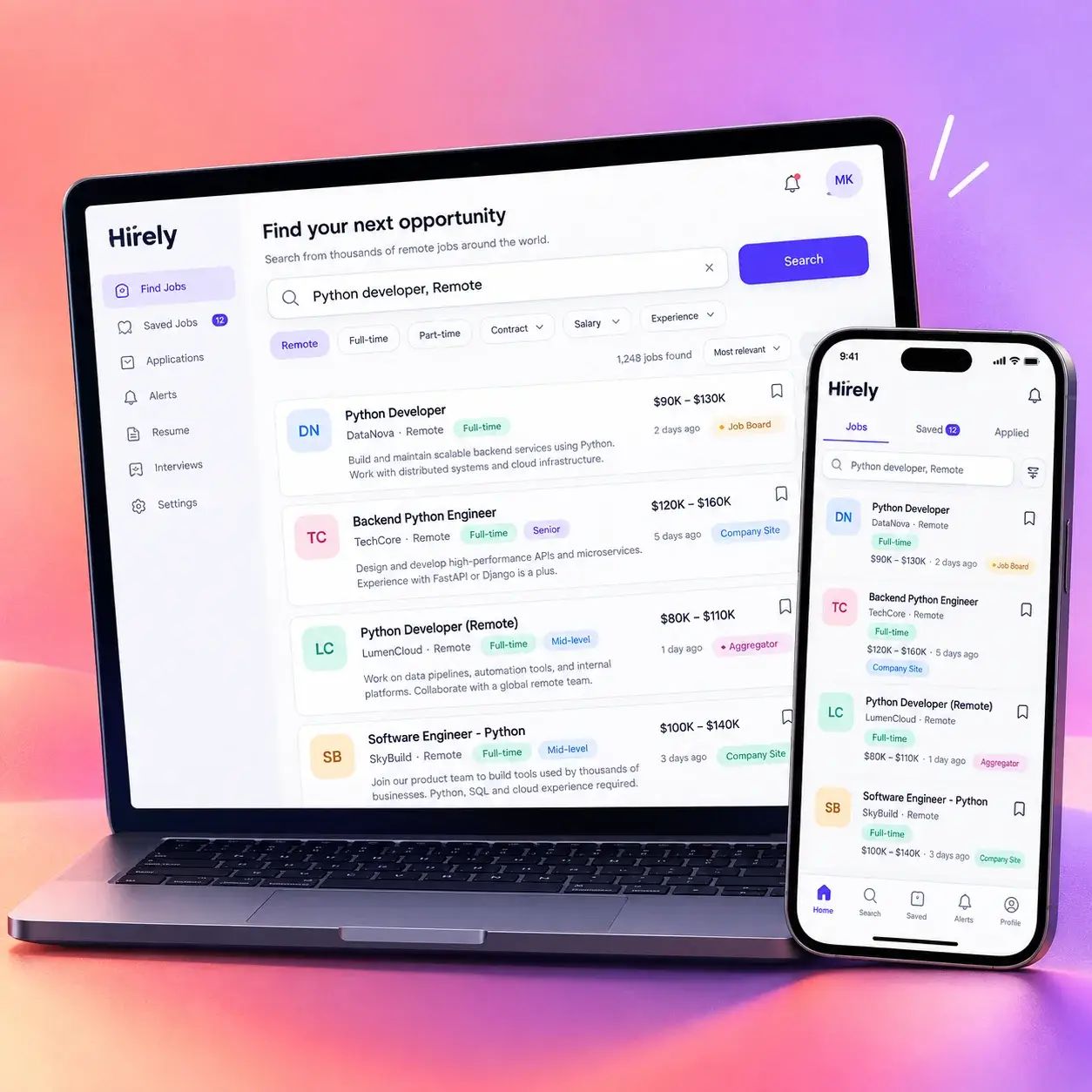Job search app on laptop and phone listing remote Python developer jobs aggregated from job boards and company sites.