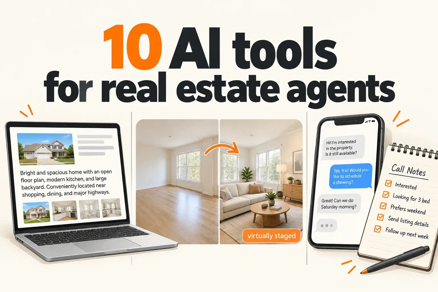 Diagram of AI tools for real estate agents split across listing copy, photos, and follow-up, with the headline 10 AI tools for real estate agents