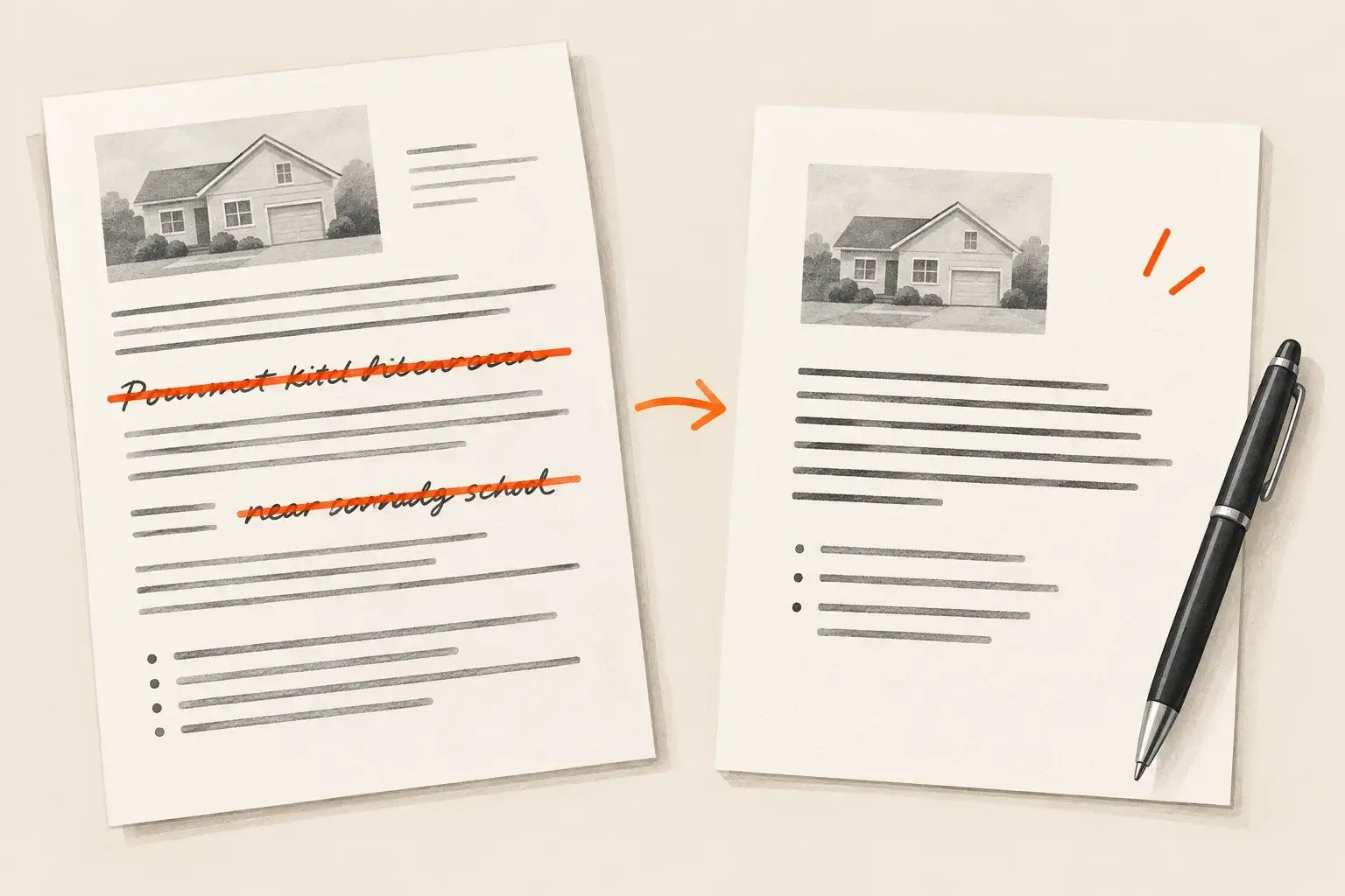 Side-by-side of a listing draft with invented details crossed out and a shorter draft an agent would actually publish