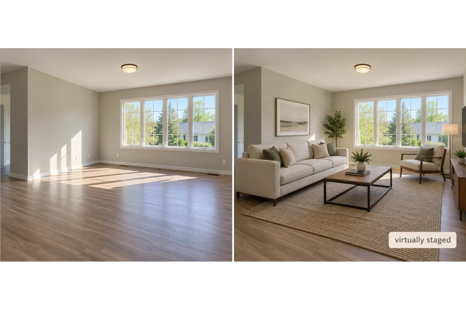 Empty living room photo next to a virtually staged version, with a disclosure label on the staged image