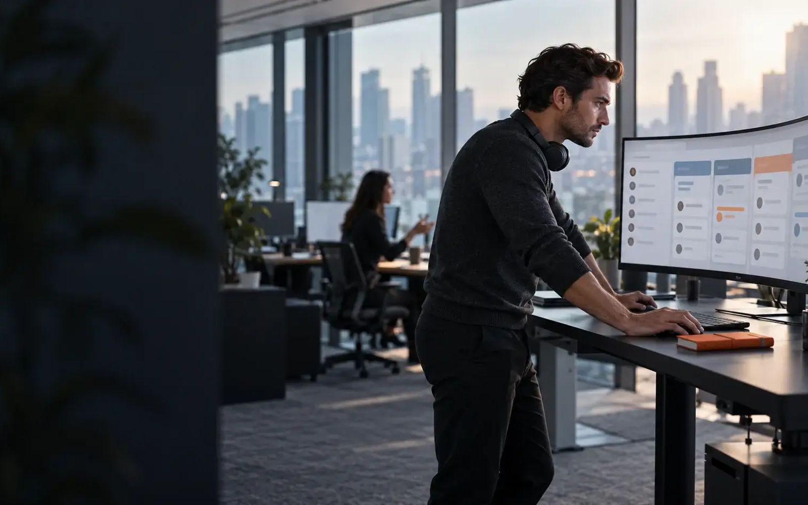 Account executive reviewing an enriched lead pipeline on a large monitor