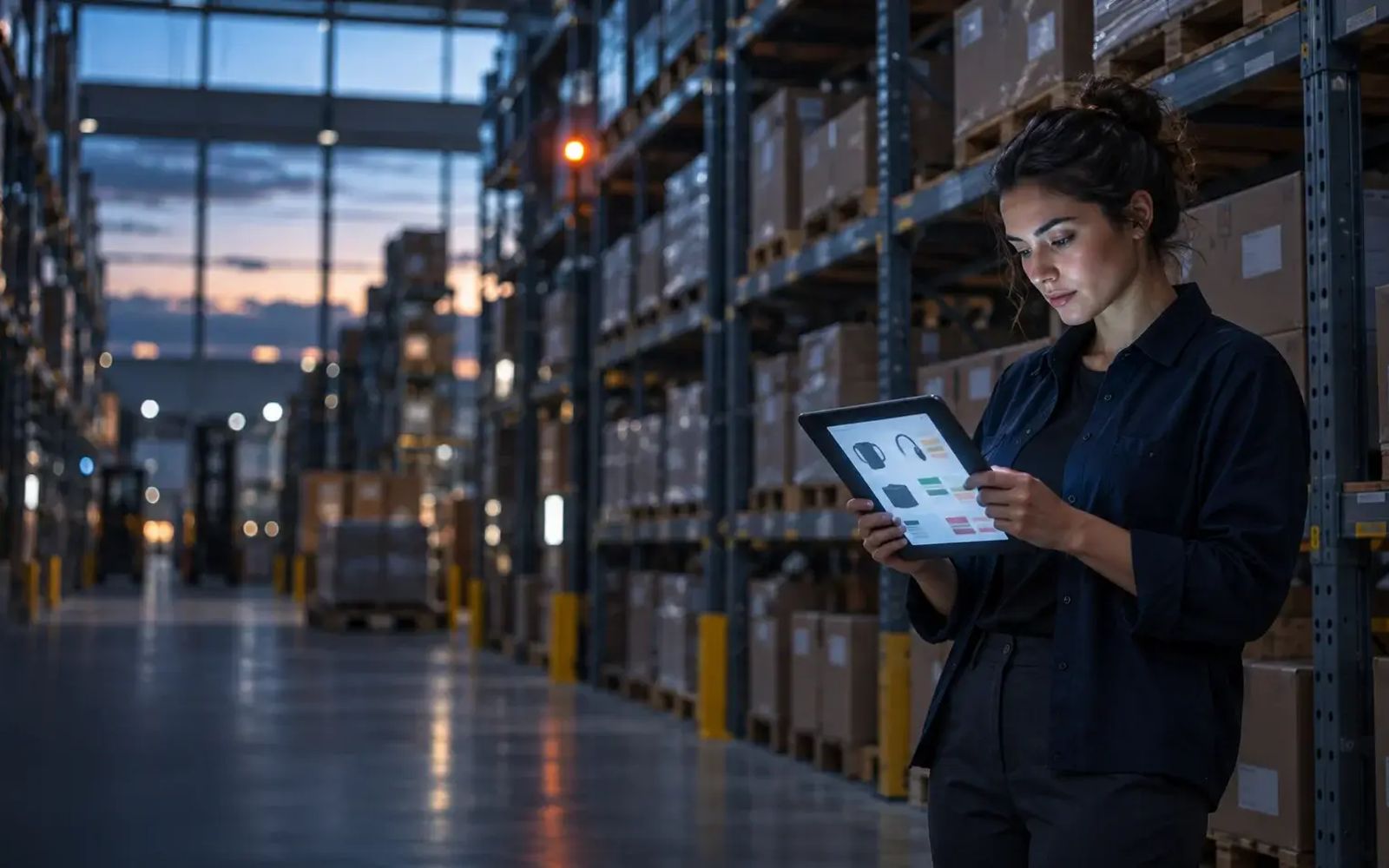 Pricing analyst in a warehouse checking live competitor prices on a tablet