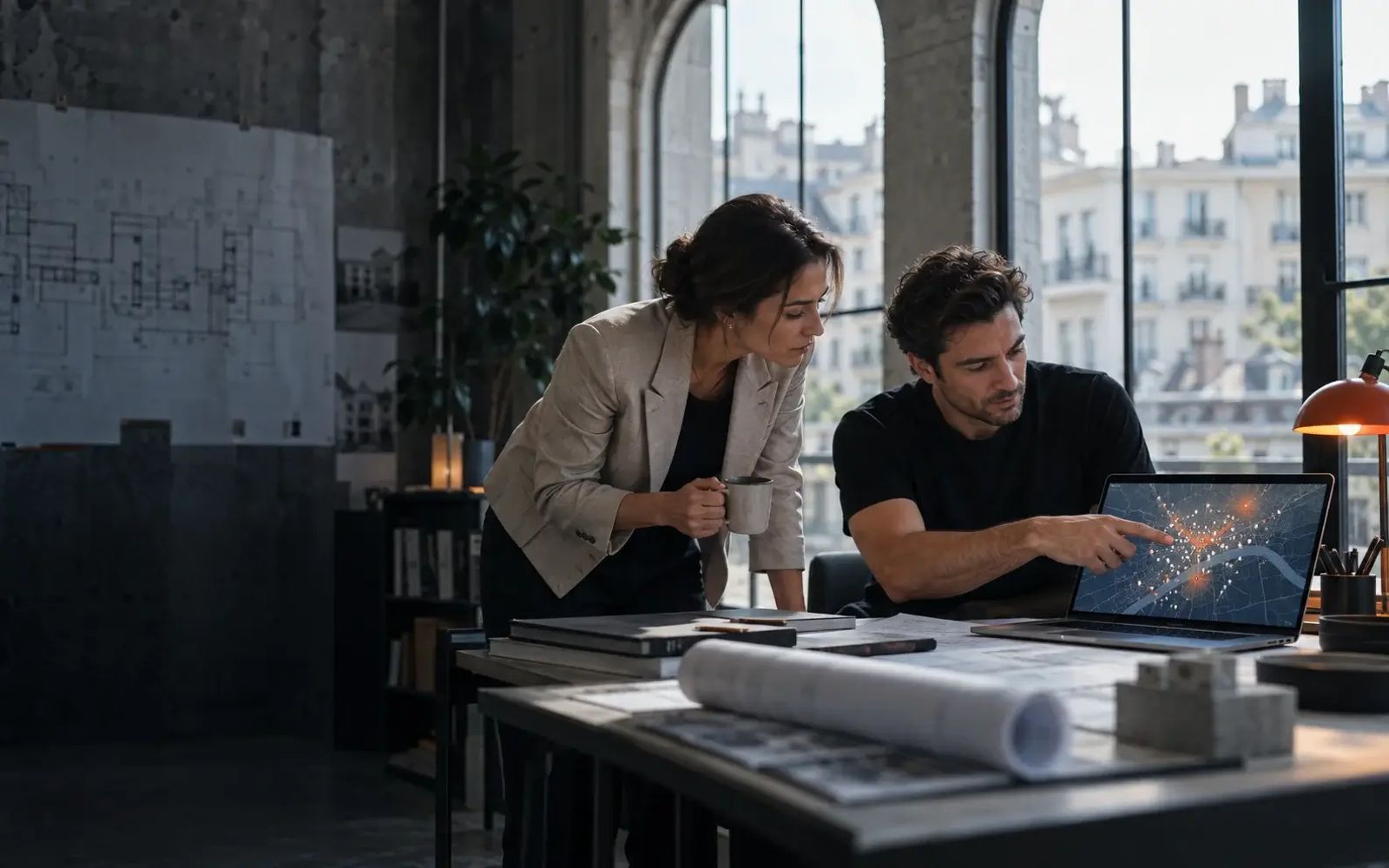 Founder and investor reviewing a property data map on a laptop in a loft office