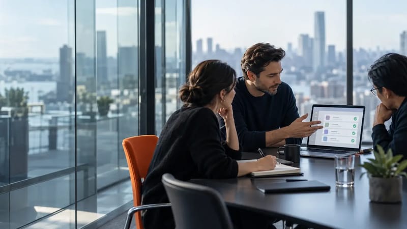 Sales team huddle reviewing verified company leads on a laptop
