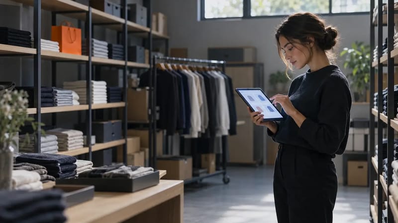 Merchandising manager checking product prices on a tablet in a retail stockroom