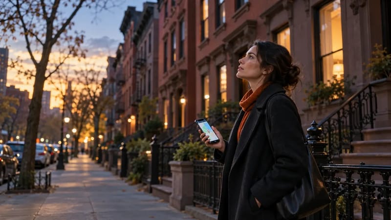 Property analyst on a brownstone street checking listings on a phone map
