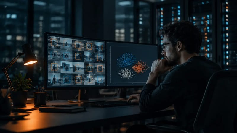 Machine learning researcher labelling an image dataset at night