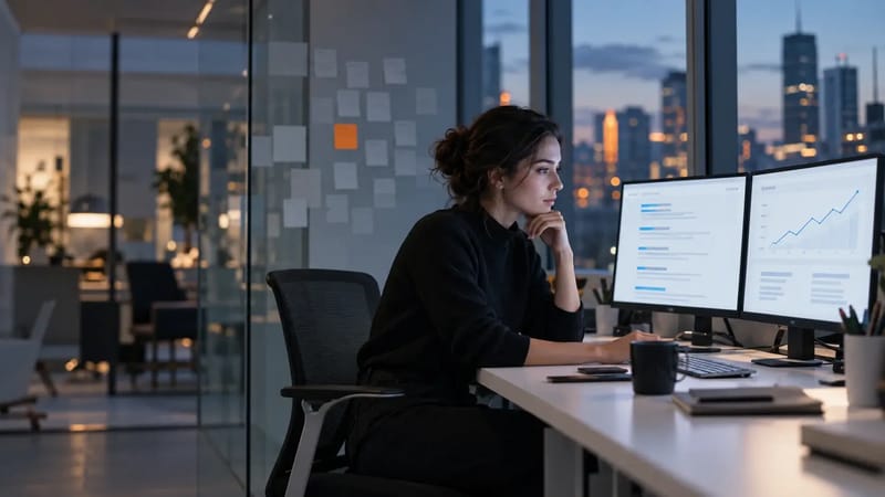Growth marketer reviewing search rankings on two monitors