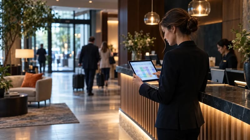 Hotel revenue manager checking room rates on a tablet in the lobby