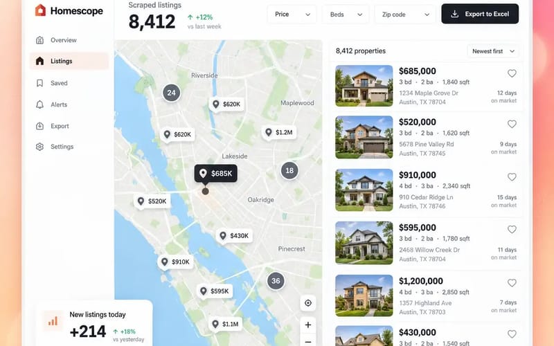 Real estate listings on an interactive map
