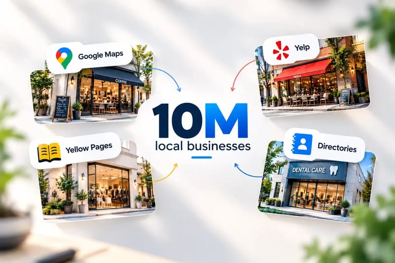 10M local businesses in the center, with shop photos labeled Google Maps, Yelp, Yellow Pages, and Directories