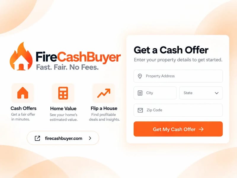 FireCashBuyer landing page with a cash offer, a home value, and a house flip