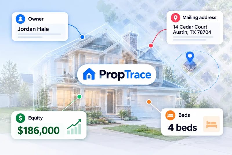 PropTrace thumbnail of a house with cards for the owner Jordan Hale, a mailing address, equity of $186,000, and 4 beds