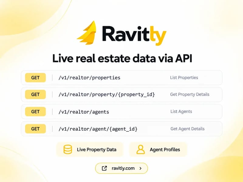 Ravitly API card listing property and agent endpoints for live real estate data