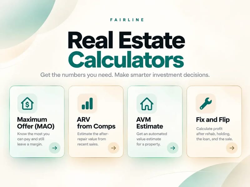 Fairline cards for maximum offer, repaired value from recent sales, a neighborhood estimate, and fix and flip profit