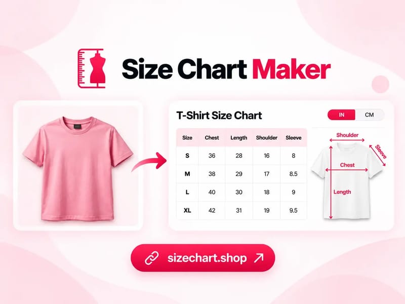 Size Chart Maker promo with templates, a measurement table, and export options